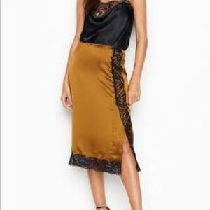 Victoria's Secret Mustard Satin Midi Skirt with Black Lace Trim
